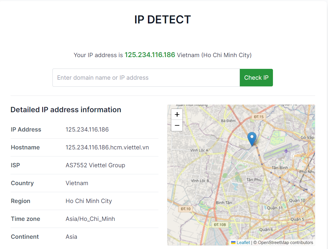 Ví dụ về giao diện công cụ Check IP